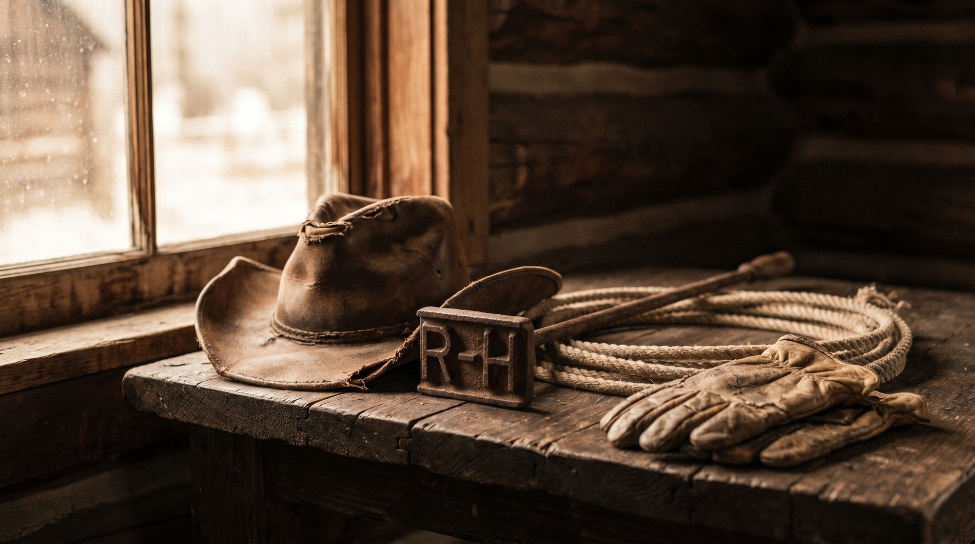 Ranch heritage still life: a leather cowboy hat, cattle branding iron, rope, and work gloves