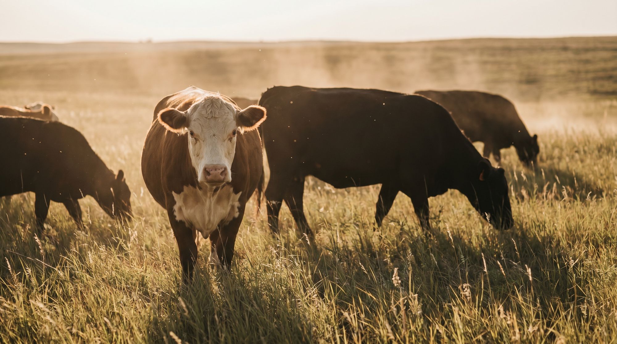 Cattle in tall sunlit prairie grass at golden hour