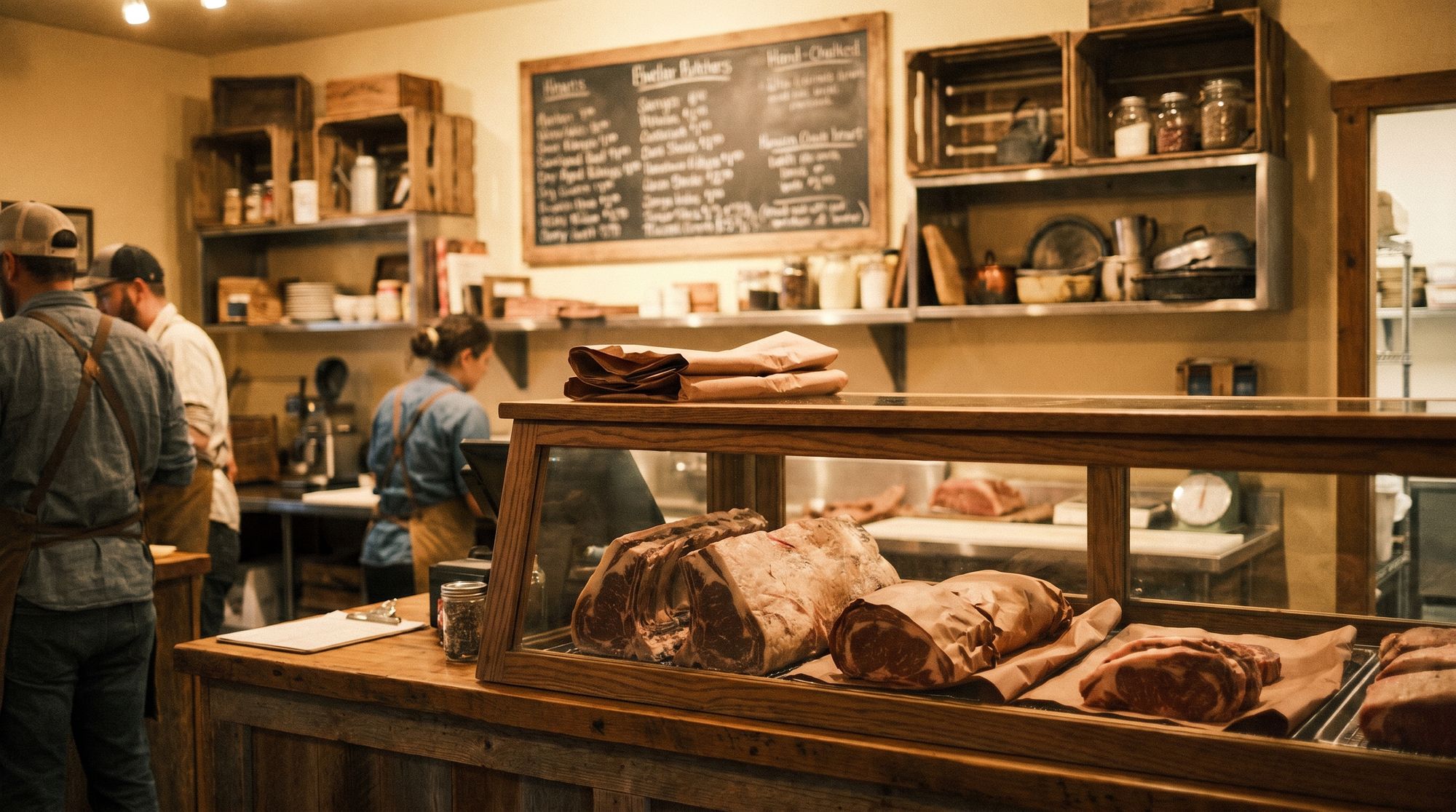 A rustic ranch store butcher counter with a case of premium dry-aged beef cuts